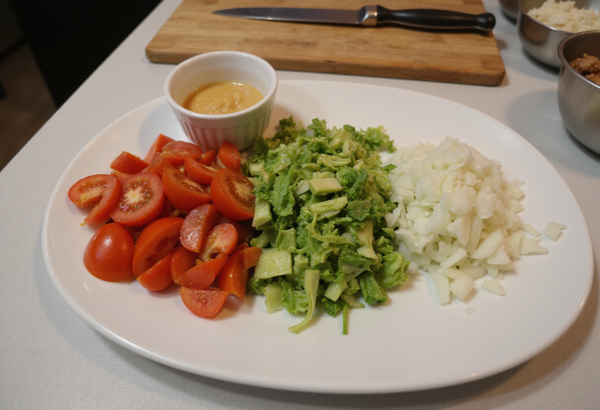 Fresh vegetables such as tomatoes, lettuce, and onions prepared for Spicy Chicken Shawarma, complemented by tahini sauce on a cutting board.