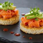 Finished Spicy Salmon Crispy Rice dish, showcasing crispy texture topped with flavorful salmon, perfect for gourmet presentations.