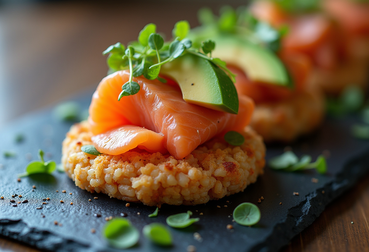 Finished Spicy Salmon Crispy Rice dish, showcasing crispy texture topped with flavorful salmon, perfect for gourmet presentations.