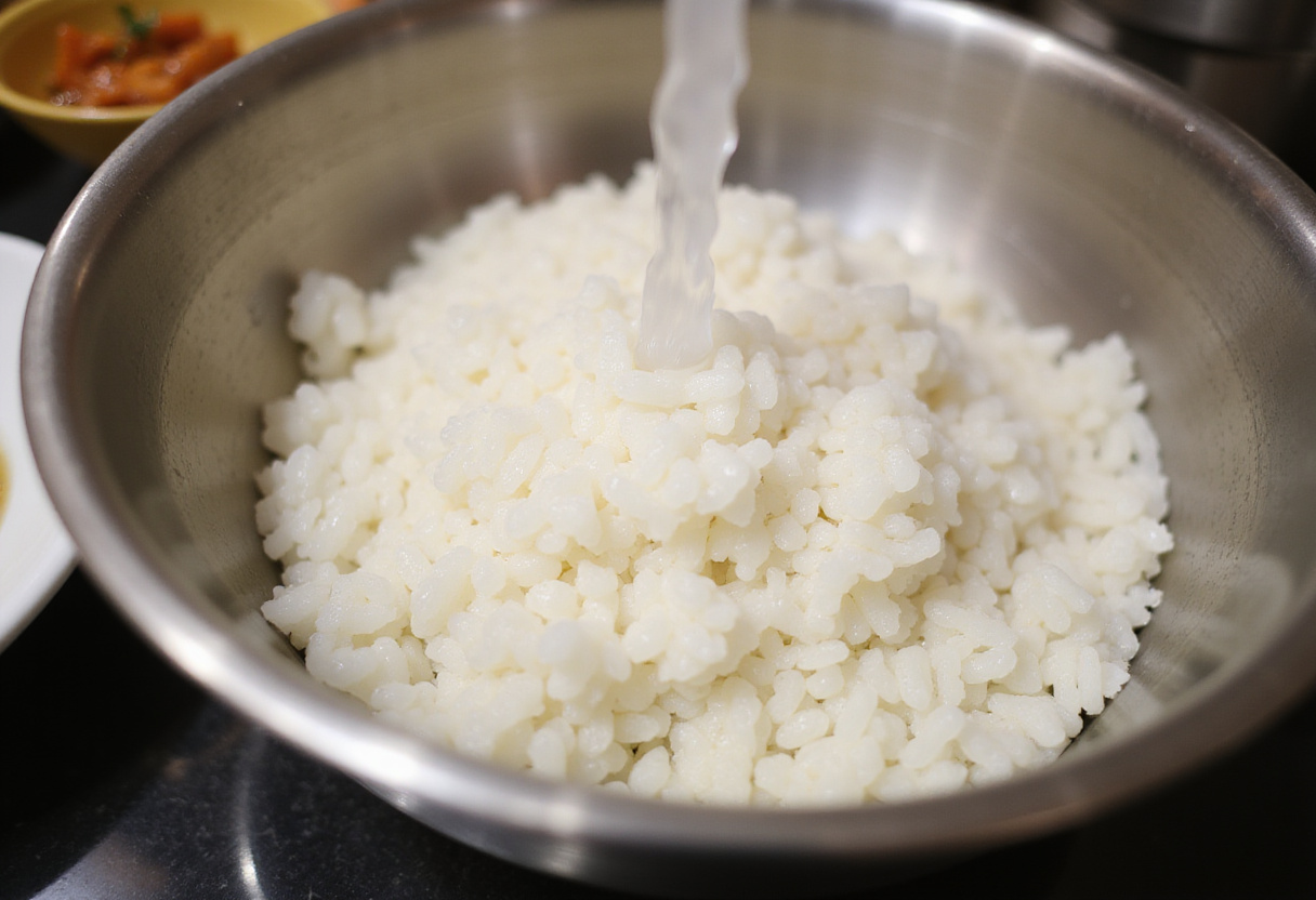 Rinsing sushi rice for Spicy Salmon Crispy Rice, essential for achieving perfect texture.