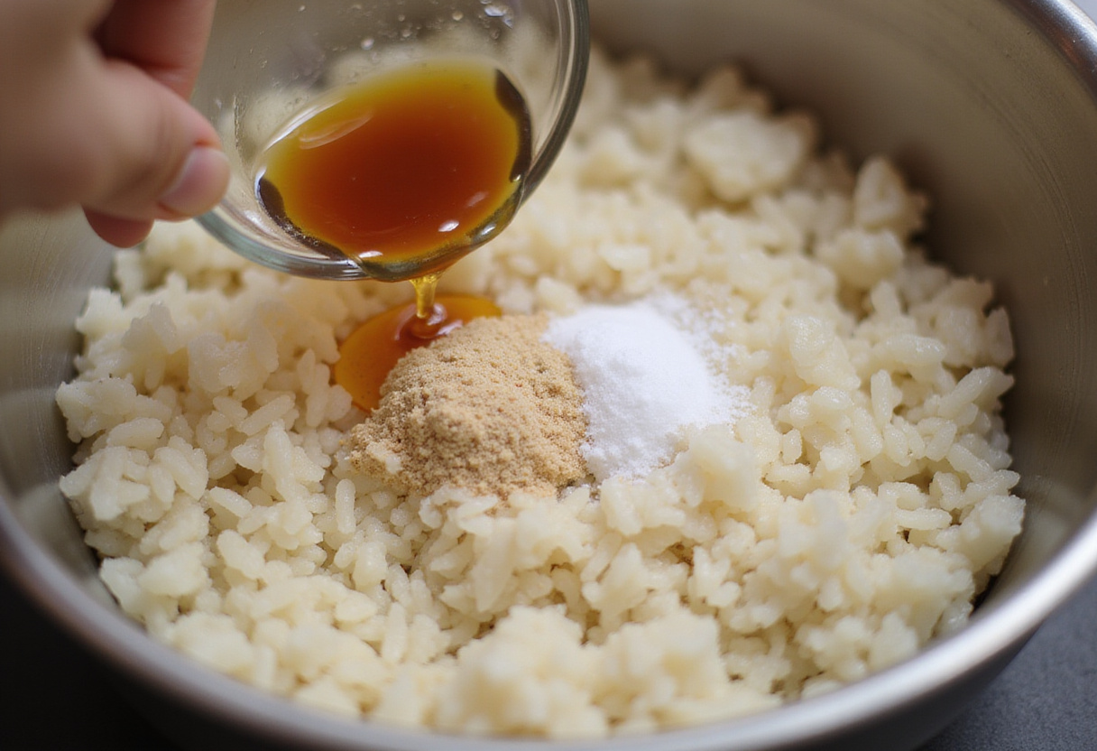 Mixing seasoned sushi rice for Spicy Salmon Crispy Rice, ensuring balance of flavors.