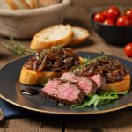 Final presentation of Steak & French Onion Bruschetta, an enticing dish artfully garnished, perfect for sharing at any gathering.