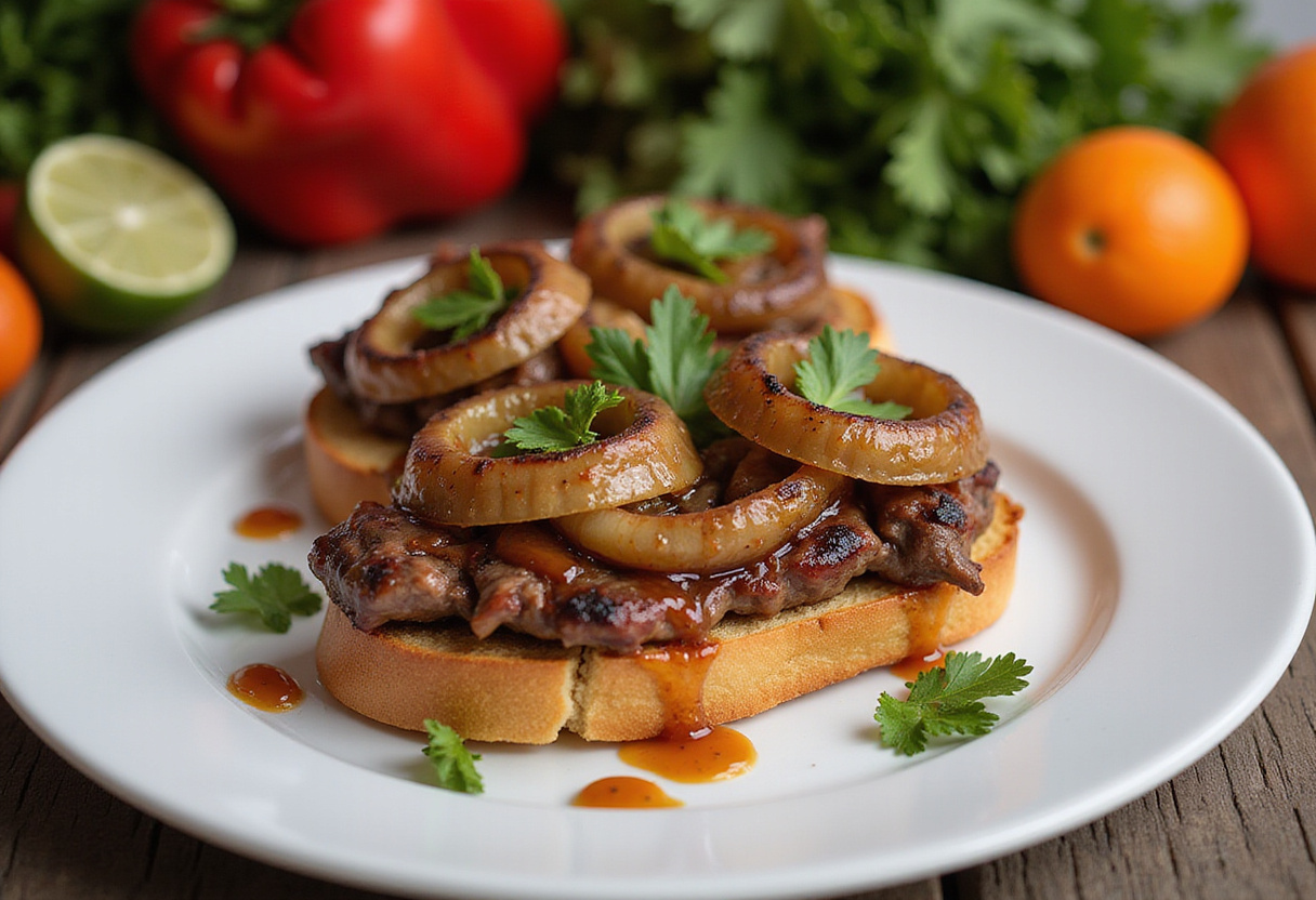 Final presentation of Steak & French Onion Bruschetta, an enticing dish artfully garnished, perfect for sharing at any gathering.