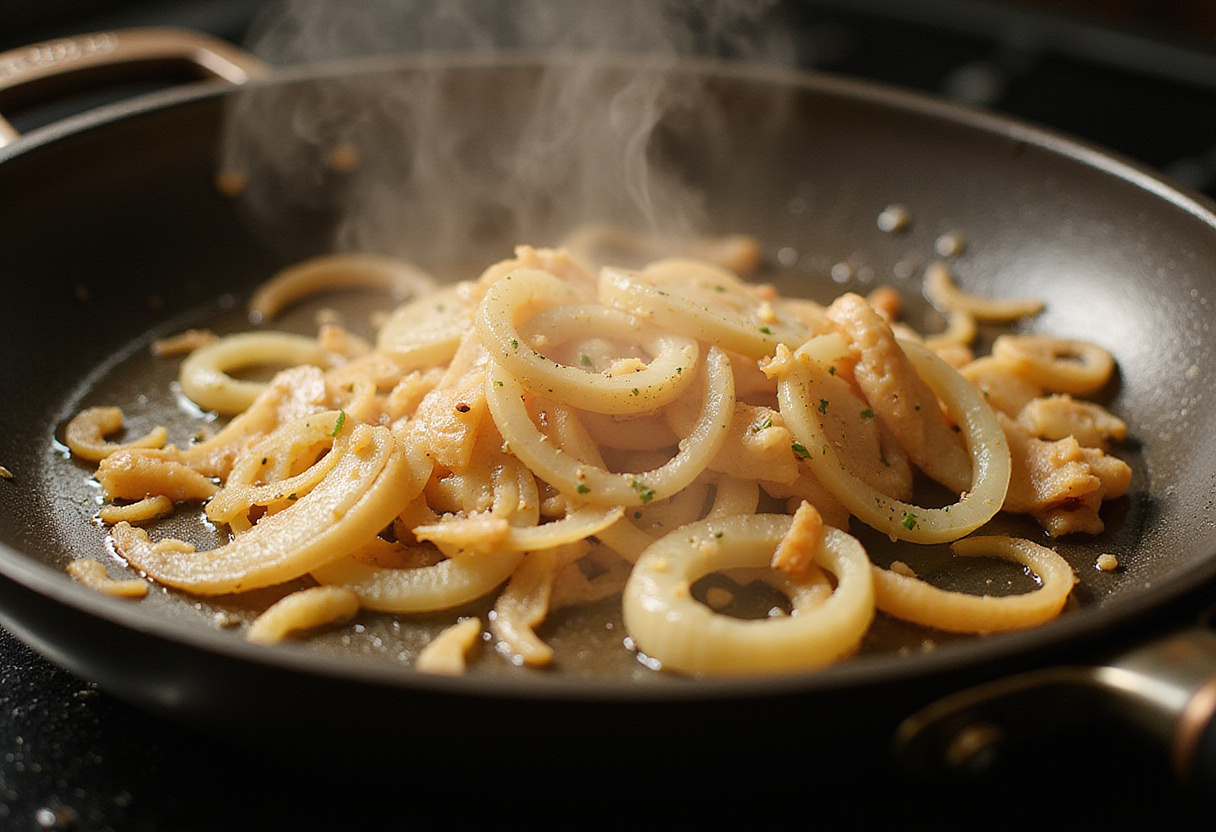Sizzling skillet caramelizing onions for French onion bruschetta, creating a savory aroma and rich color for Steak & French Onion Bruschetta Magic.