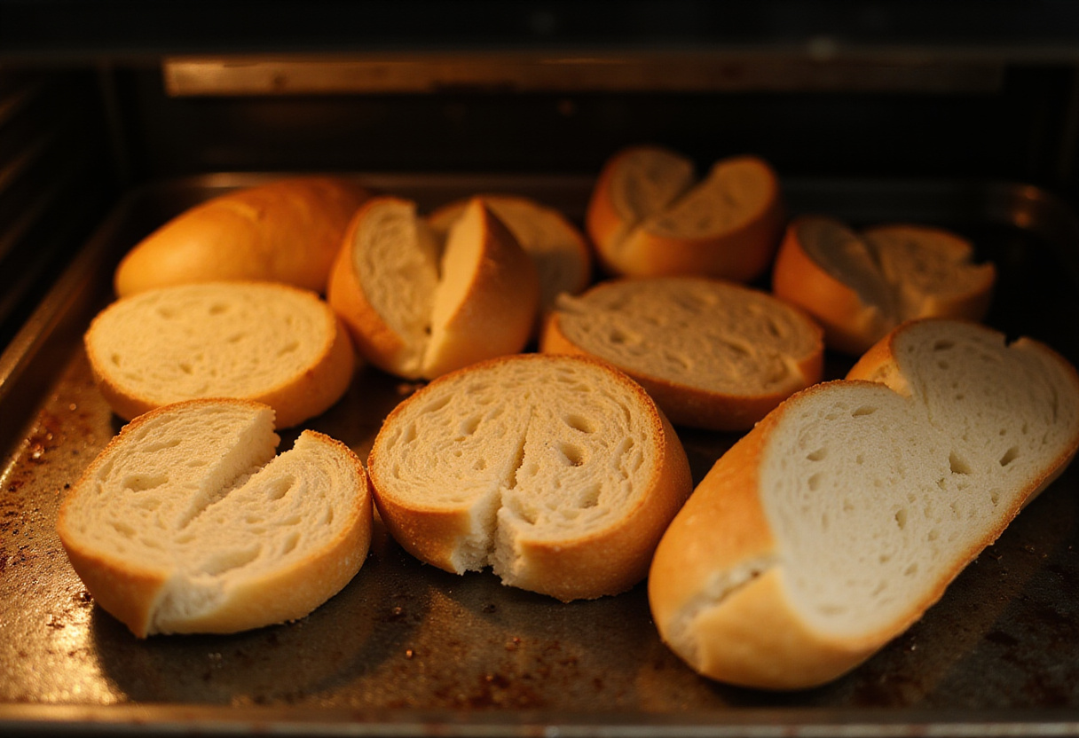 Toasting French baguette slices in a warm oven for Steak & French Onion Bruschetta Magic, achieving a perfect crispy texture for delicious bruschetta.