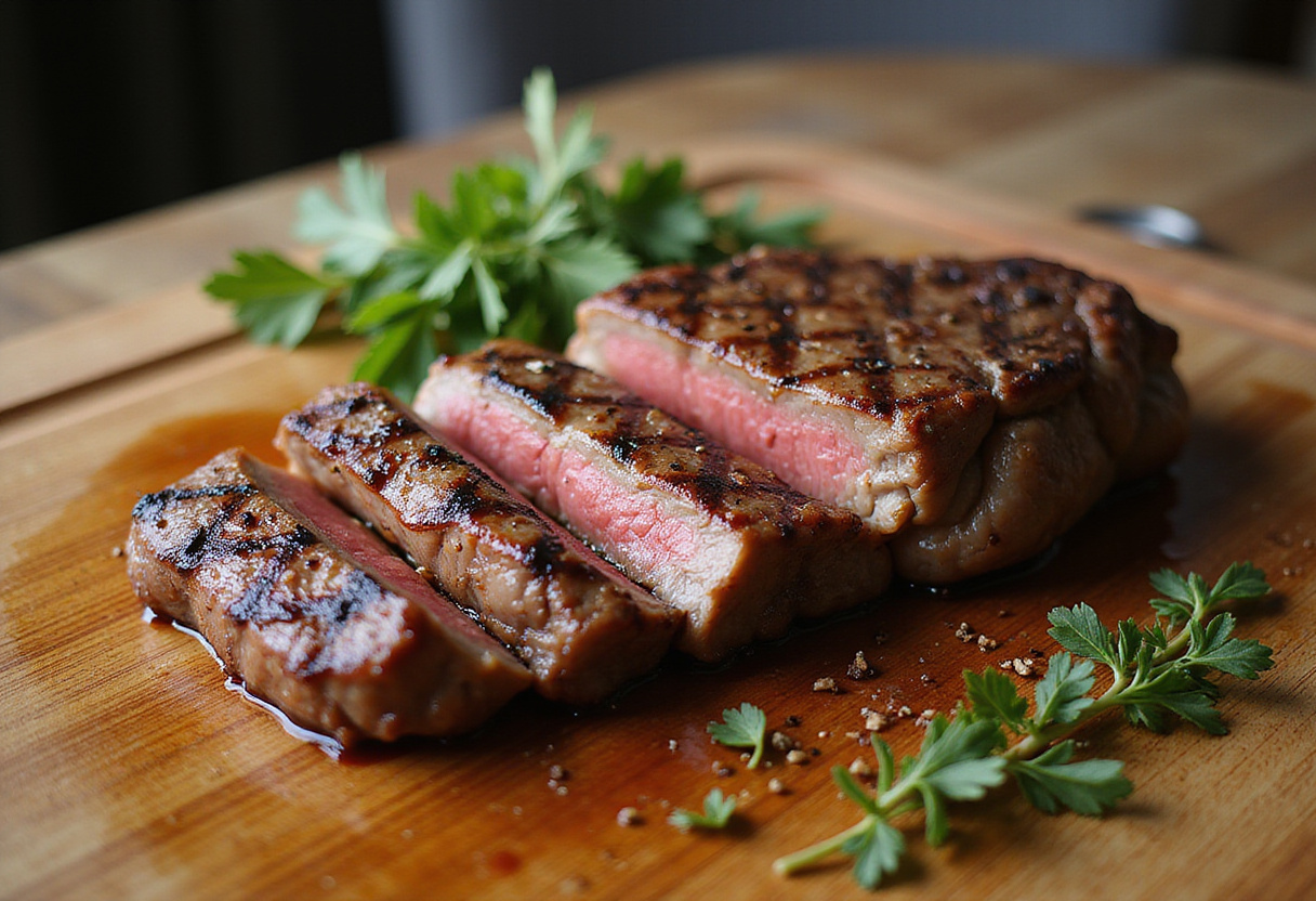 Resting a grilled steak on a wooden cutting board, showcasing succulent juices and herbs for Steak & French Onion Bruschetta Magic.