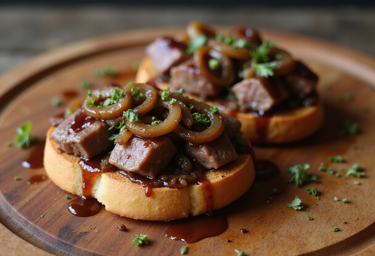 Beautifully arranged French Onion Bruschetta with steak, caramelized onions, and herbs, showcasing the delicious presentation of Steak & French Onion Bruschetta Magic.
