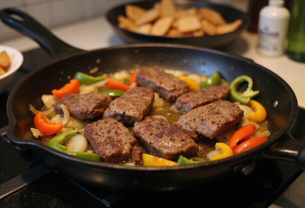 Delicious steak strips being sautéed with bell peppers and onions for a flavorful Steak & Queso Rice dish.