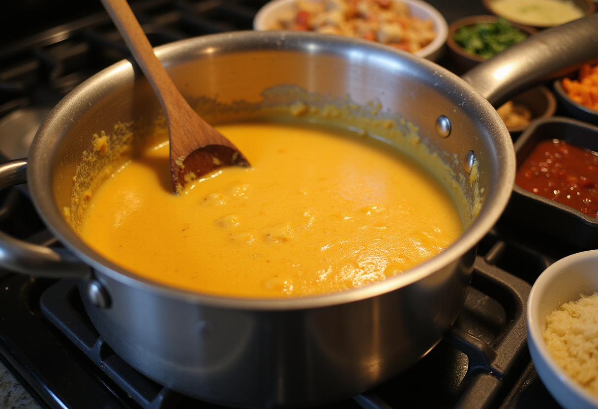 Melted queso cheese being prepared for a creamy topping in Steak & Queso Rice, showcasing a comforting cooking atmosphere.