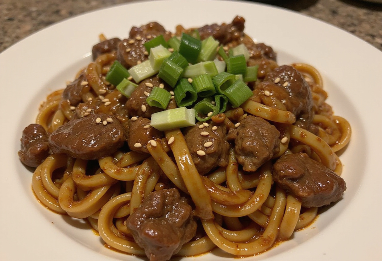 Final presentation of Sticky Beef Noodles, garnished with sesame seeds and green onions, highlighting the delicious sticky sauce and vibrant colors.