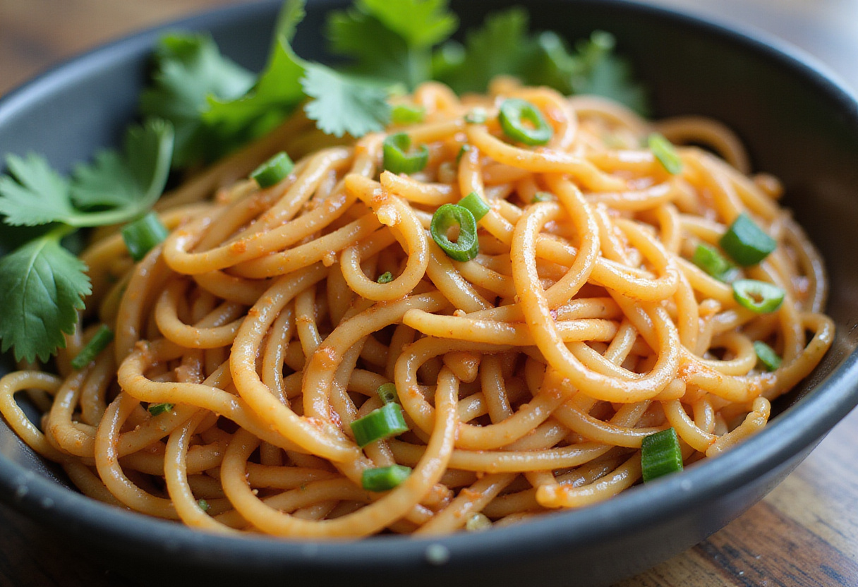 Cooked rice noodles ready for Sticky Beef Noodles with fresh herbs like cilantro and green onions for garnish.