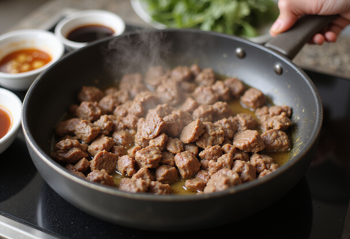 Sizzling ground beef browning in a pan for Sticky Beef Noodles, with sauce ingredients like soy sauce and hoisin sauce nearby.