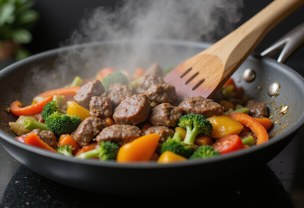 Colorful stir-fried beef with vegetables like bell peppers and broccoli being mixed for Sticky Beef Noodles, showcasing fresh ingredients.
