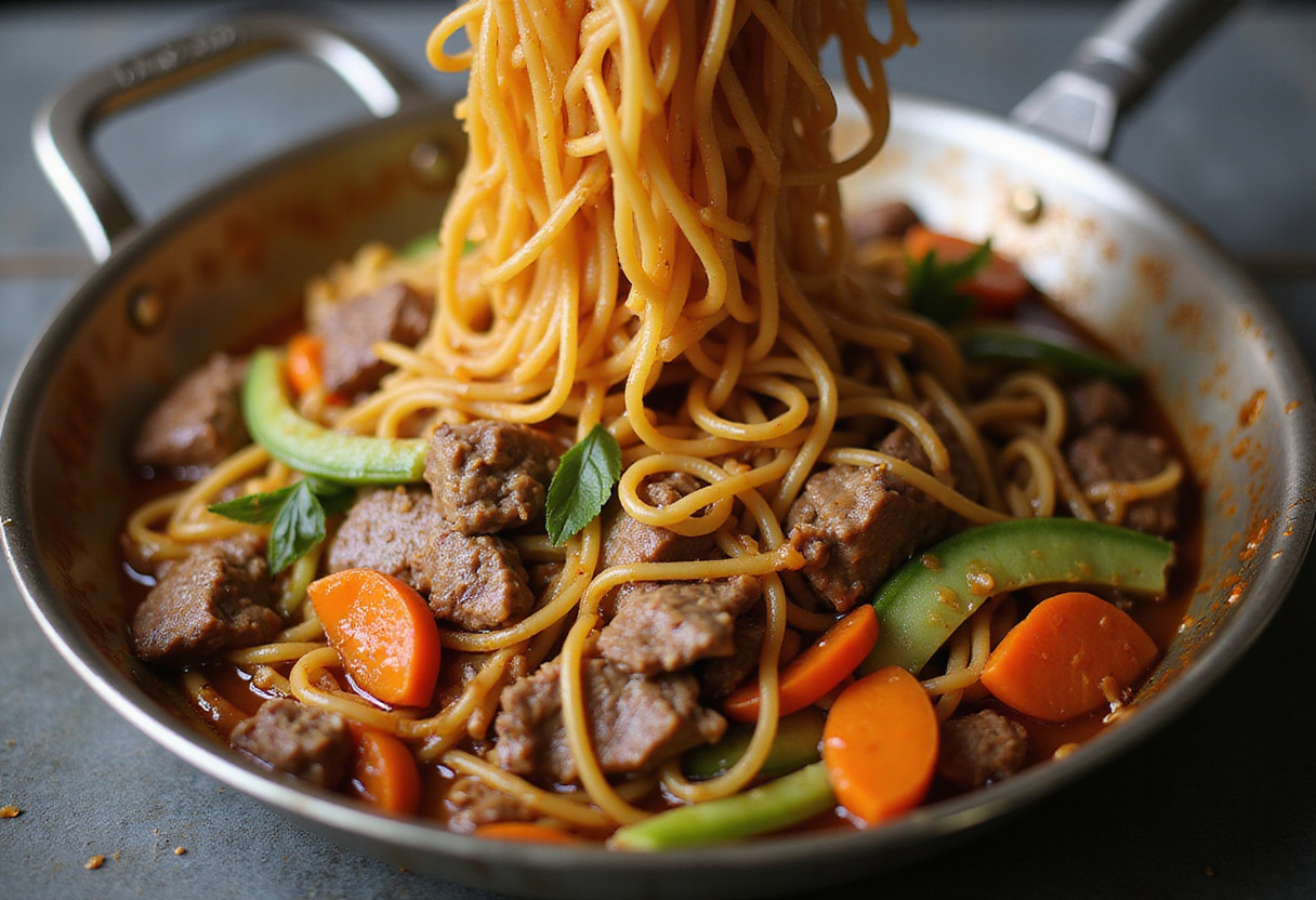 Rice noodles, beef, and vegetables being combined in a pan for Sticky Beef Noodles, illustrating the cooking process.
