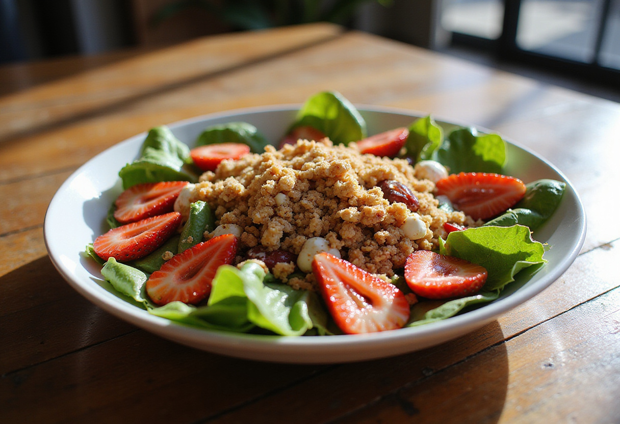 A stunning close-up of a Strawberry Crunch Salad with Champagne Vinaigrette, showcasing the freshness and vibrant colors, ideal for summer gatherings.