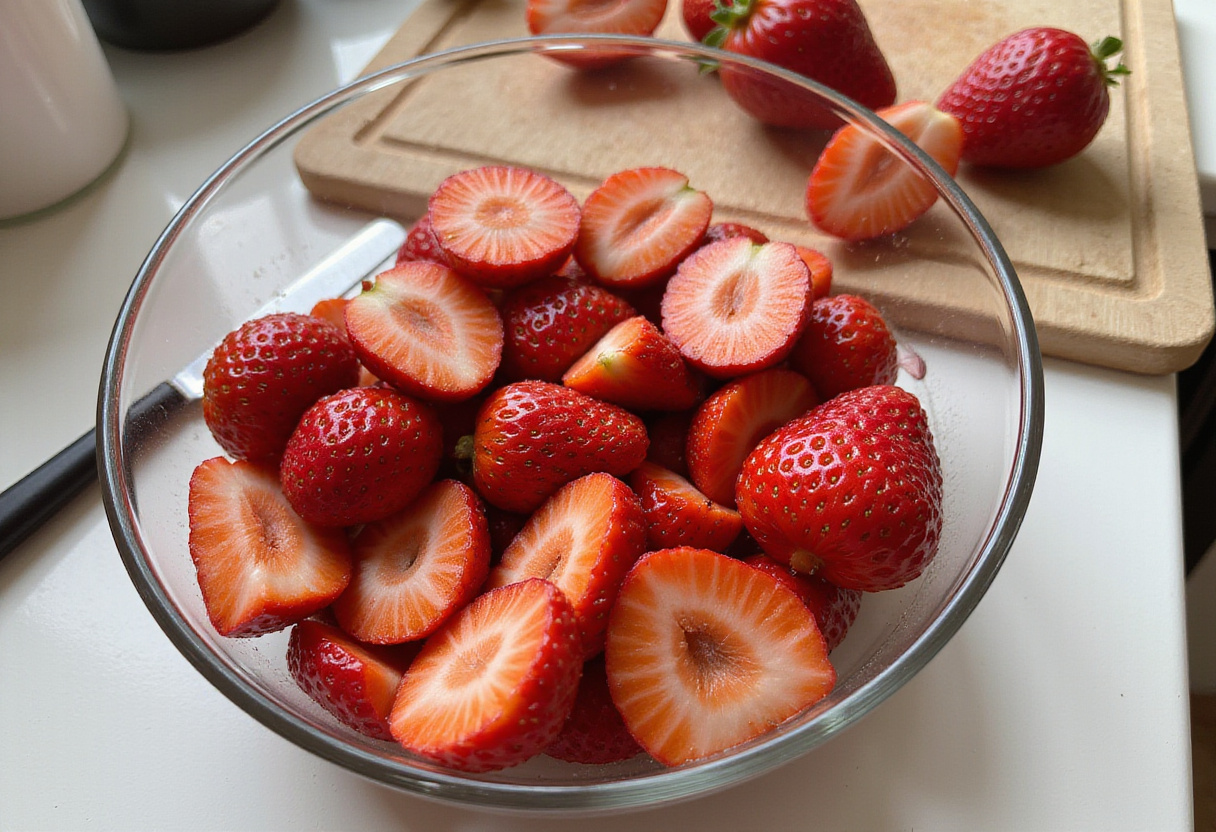 Fresh strawberries being prepared for a Strawberry Crunch Salad, highlighting juicy strawberries ready to add flavor and color to a delicious salad.