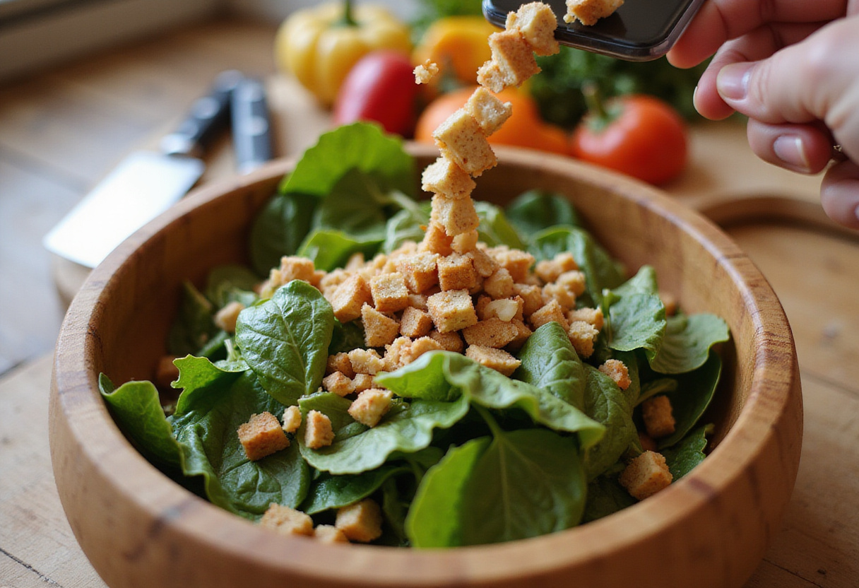 Mixing vibrant greens with crunchy nuts and croutons for a flavorful Strawberry Crunch Salad, perfect for vibrant salads rich in texture.
