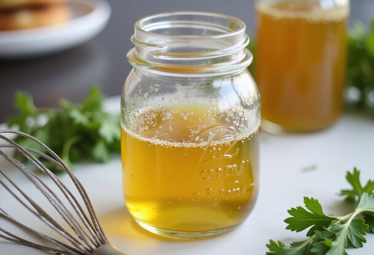 A homemade champagne vinaigrette ready to dress the Strawberry Crunch Salad, enhancing the salad's flavor with a refreshing, tangy touch.