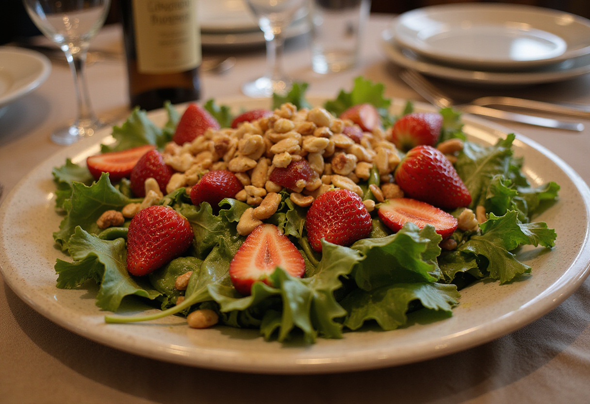 A vibrant and inviting Strawberry Crunch Salad beautifully presented, combining fresh strawberries, greens, and a tangy champagne vinaigrette for a perfect dish.