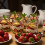 Final presentation of Strawberry Shortcake Jars on a beautifully arranged table. Perfect dessert setting with fresh strawberries.