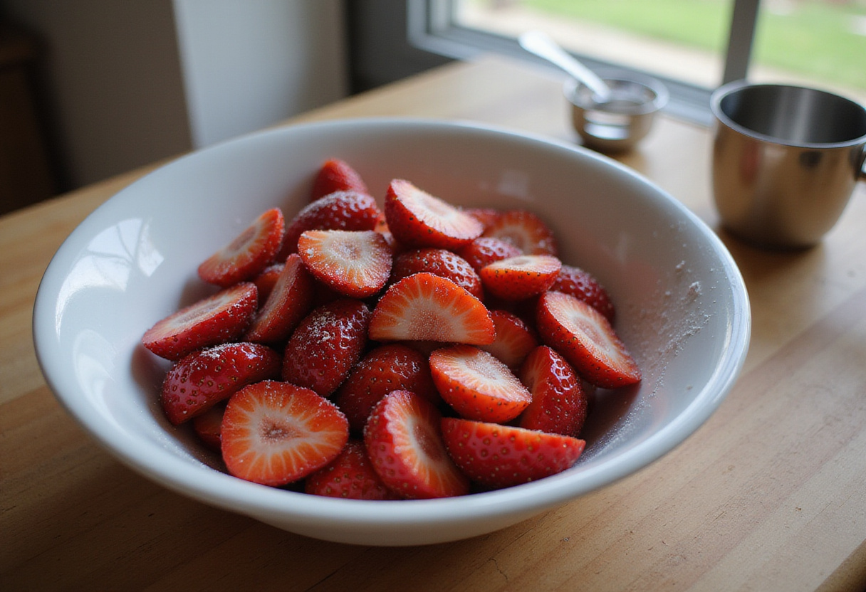 Fresh strawberries sliced and sprinkled with sugar ready for Strawberry Shortcake Jars. Delicious strawberries preparation on a kitchen counter.