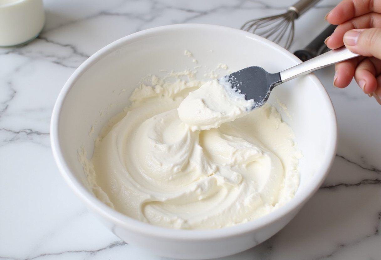 Light and fluffy whipped cream being prepared for Strawberry Shortcake Jars. Creamy texture ideal for dessert layering.