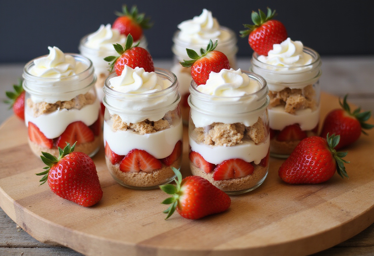 Layering of whipped cream, strawberries, and shortcake in jars for Strawberry Shortcake Jars. Creating beautiful dessert layers.