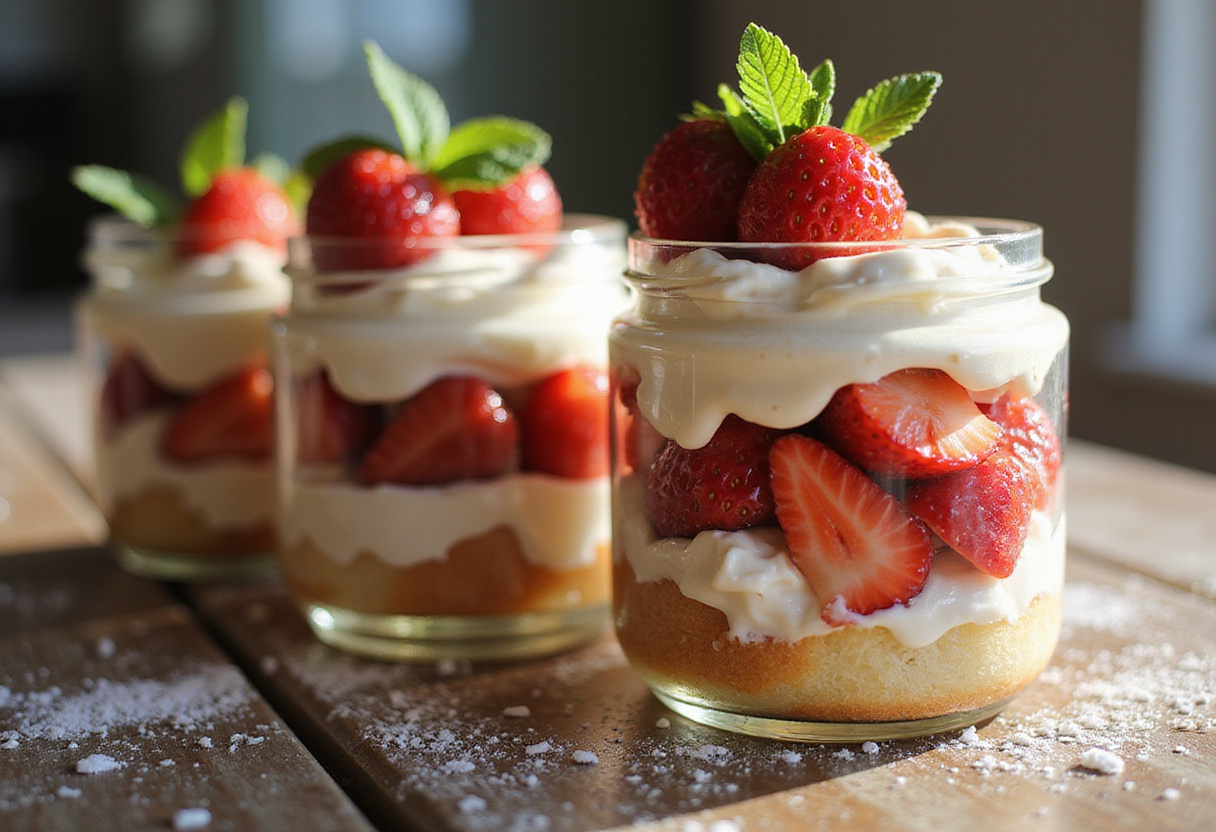 Delicious layers of Strawberry Shortcake Jars garnished with mint. Beautifully displayed dessert ready to enjoy.