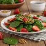 Final presentation of a Strawberry Spinach Salad, showcasing the colorful mix of ingredients, perfect for a healthy meal.