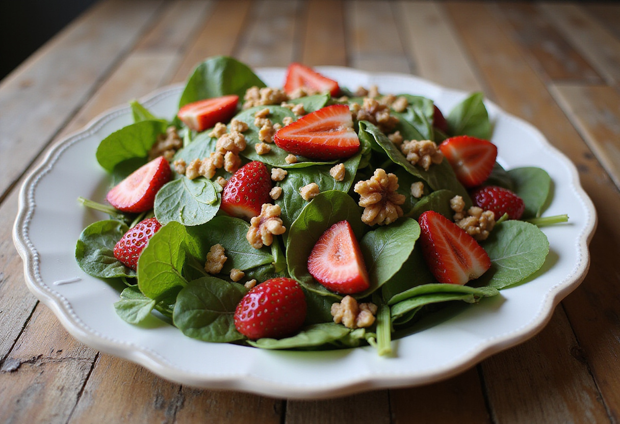 Final presentation of a Strawberry Spinach Salad, showcasing the colorful mix of ingredients, perfect for a healthy meal.
