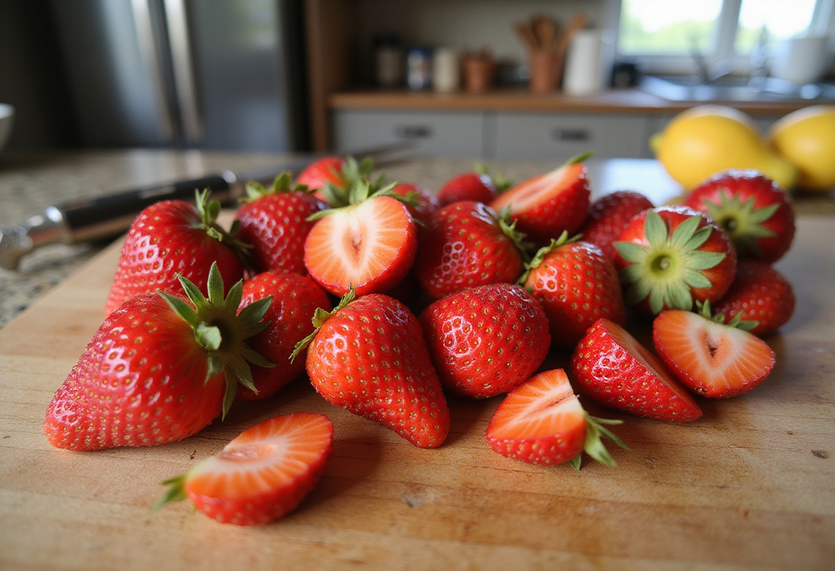 Slicing fresh strawberries for a Strawberry Spinach Salad, showcasing fresh ingredients and a vibrant kitchen.