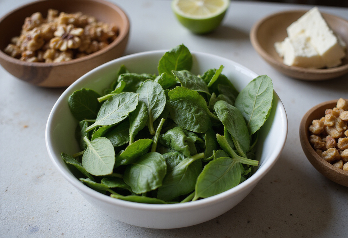 Preparing fresh spinach leaves for a Strawberry Spinach Salad, highlighting the nutritious ingredients and a bright kitchen.
