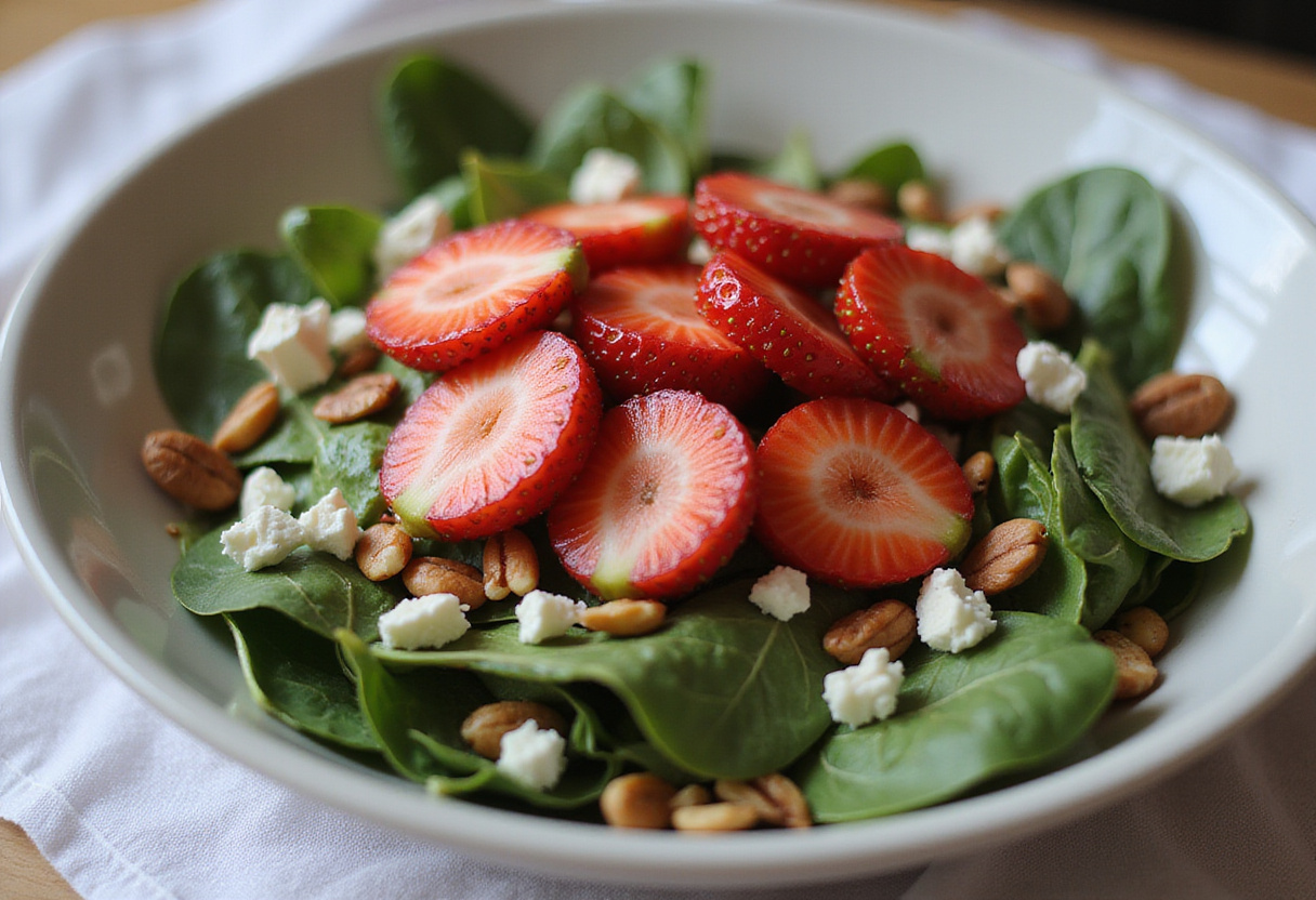 Assembling a Strawberry Spinach Salad with sliced strawberries, spinach, nuts, and feta, emphasizing the colorful presentation of the salad ingredients.