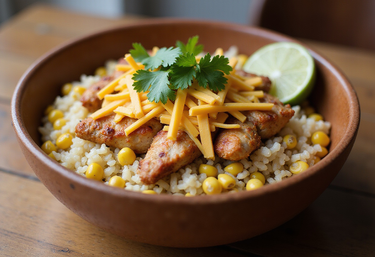 Delicious Street Corn Chicken Rice Bowl presented elegantly with all ingredients and garnishes displayed fresh.