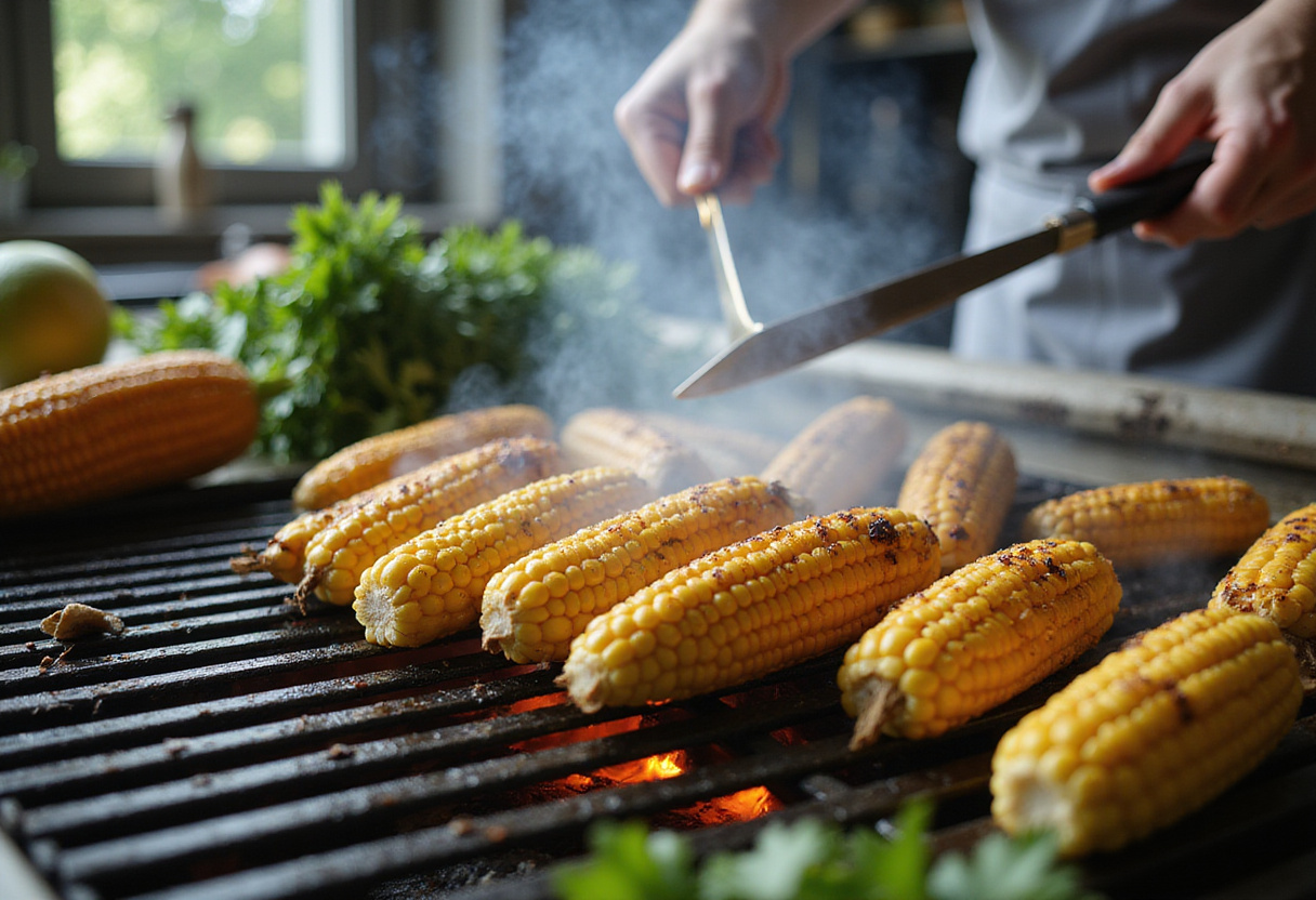 Grilled corn on the cob for Street Corn Chicken Rice Bowl showcasing charred kernels and vibrant herbs.