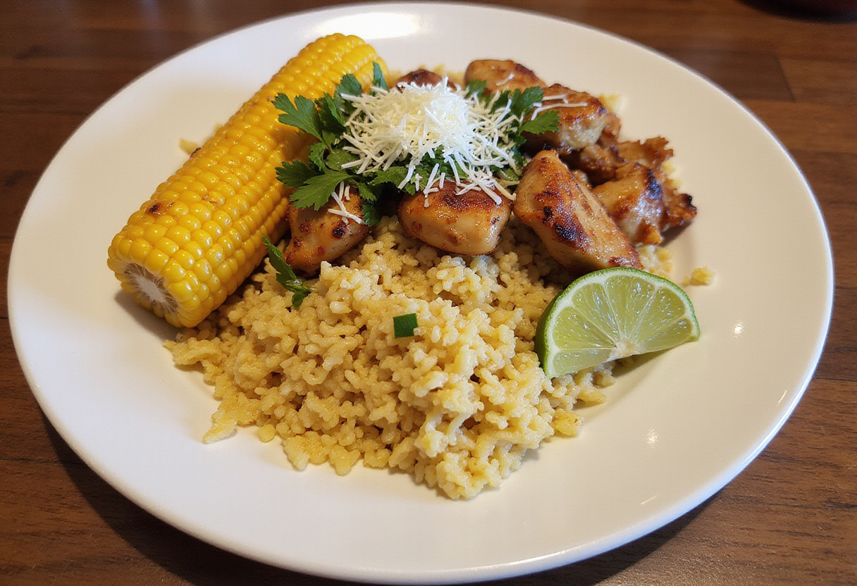Finished Street Corn Chicken Rice Bowl beautifully arranged with toppings and garnishes for a delicious meal.