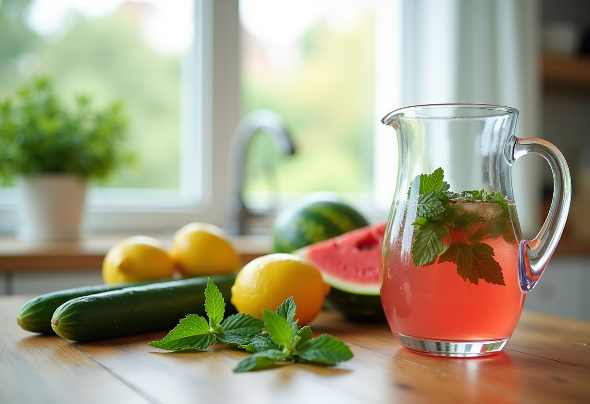 fresh ingredients for summer detox drinks including cucumbers, lemons, mint, and watermelon on a wooden counter