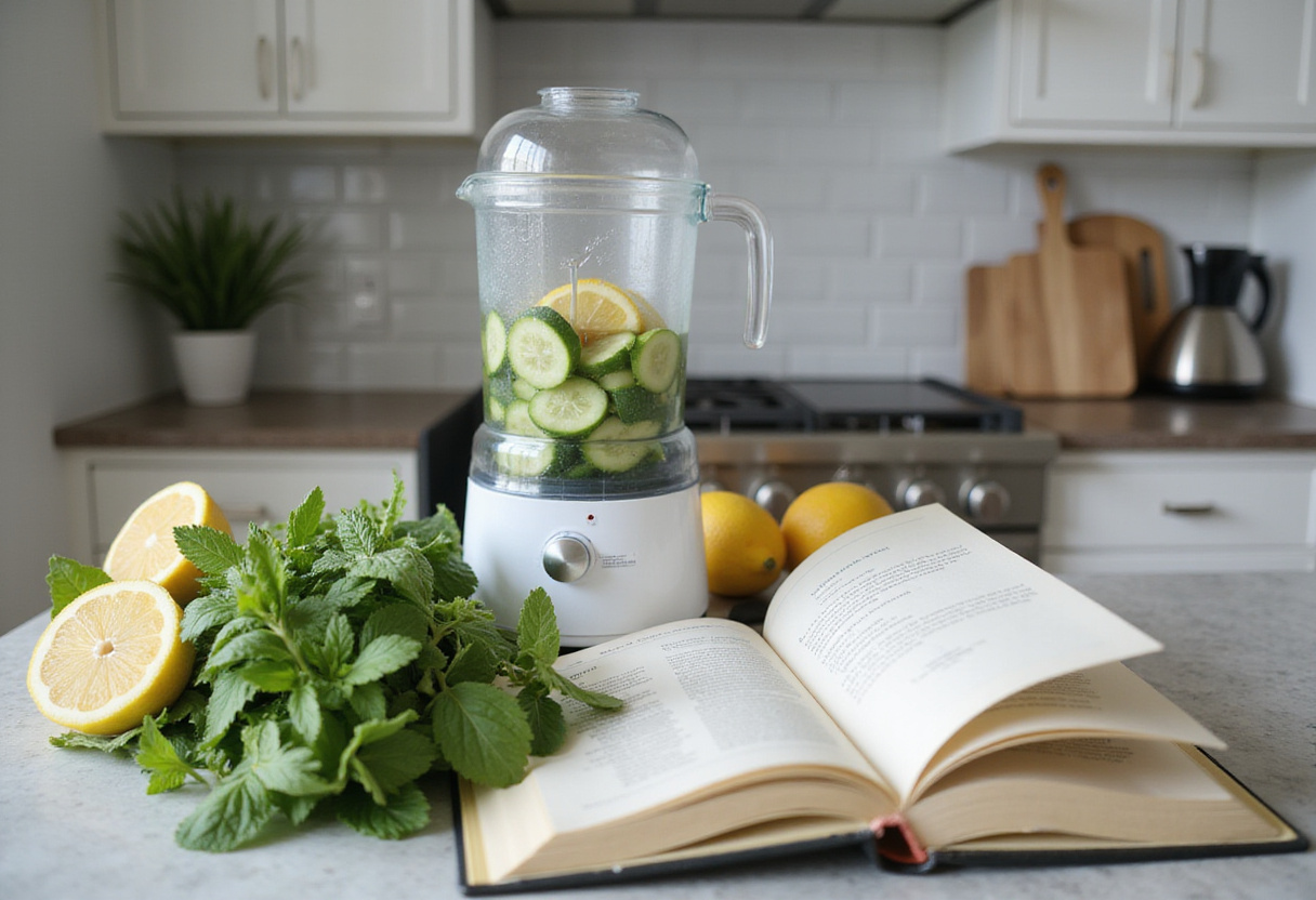 a blender with fresh ingredients for a refreshing detox drink, showcasing cucumbers, lemons, and mint in a sunny kitchen