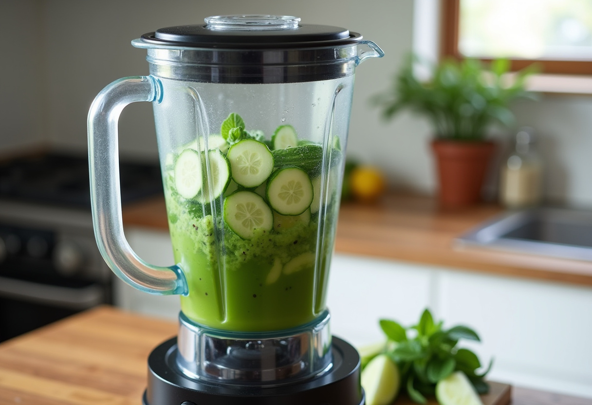a blending process of cucumber and mint for a detox drink in a cheerful kitchen, highlighting freshness and flavor