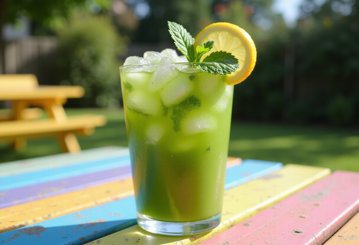 a refreshing summer detox drink served in a glass, beautifully garnished, set against a garden backdrop