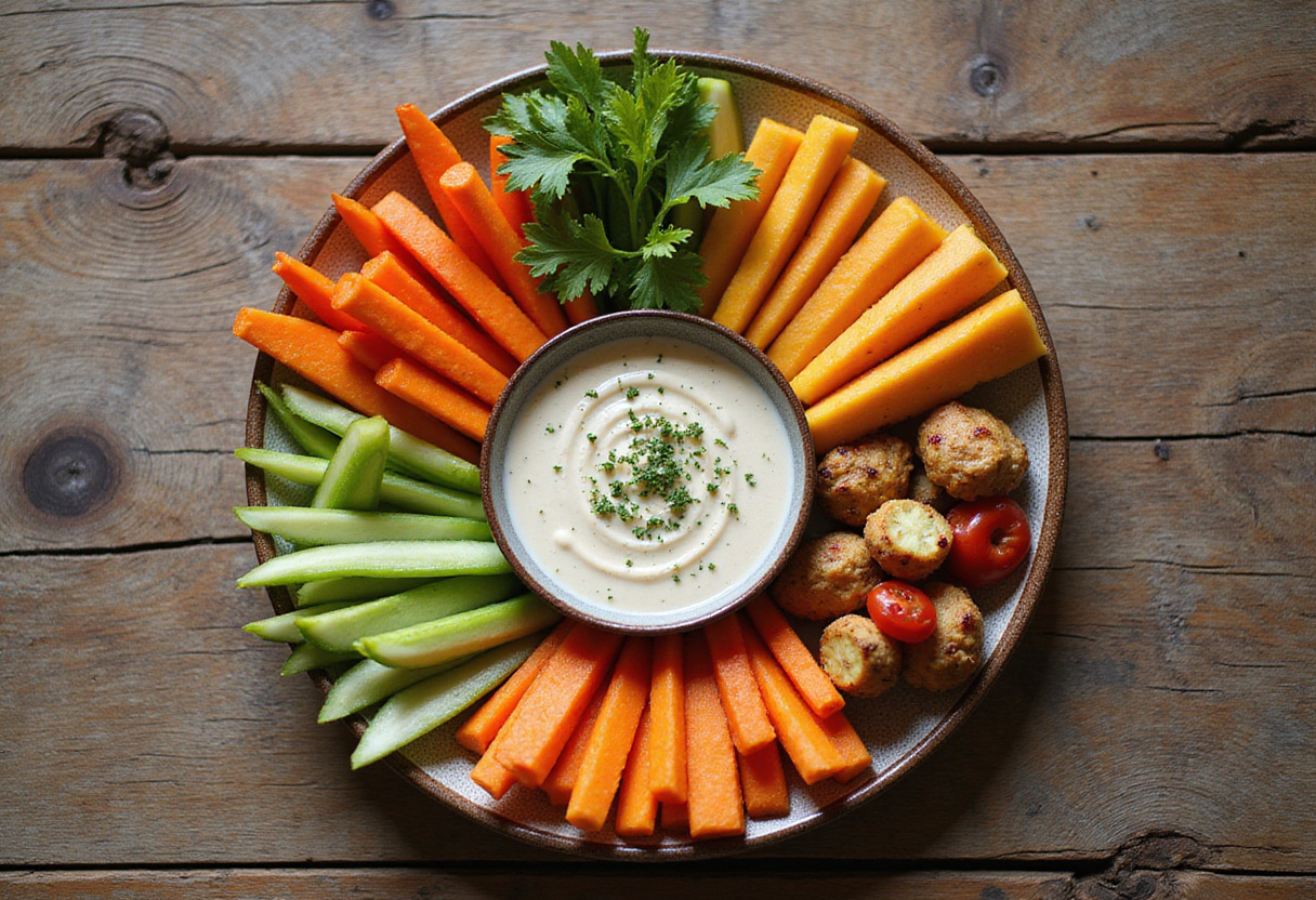 Final presentation of Supermodel Snack, showcasing an appealing arrangement of colorful veggies and dips.