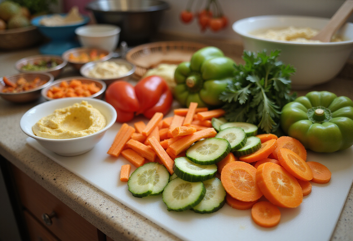 Fresh vegetables for Supermodel Snack, including carrots, cucumbers, and bell peppers, showcasing healthy snack preparation.