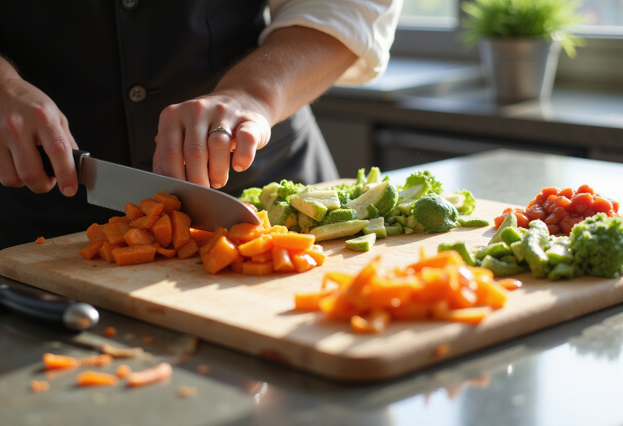 Chefs slicing vegetables for a healthy Supermodel Snack, emphasizing the vibrant colors and fresh ingredients.