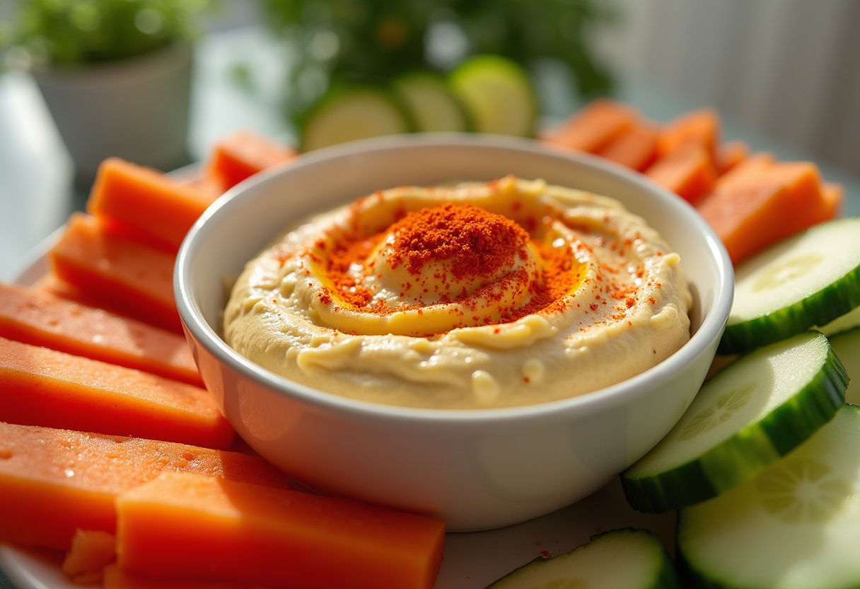 Delicious hummus ready to serve with freshly cut vegetables for a Supermodel Snack, showing a healthy serving option.