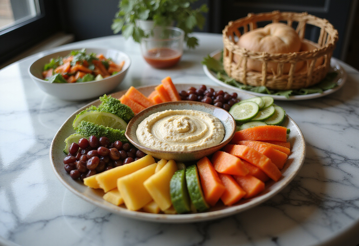 Artfully displayed Supermodel Snack platter with veggies and hummus, perfect for healthy snacking and gatherings.