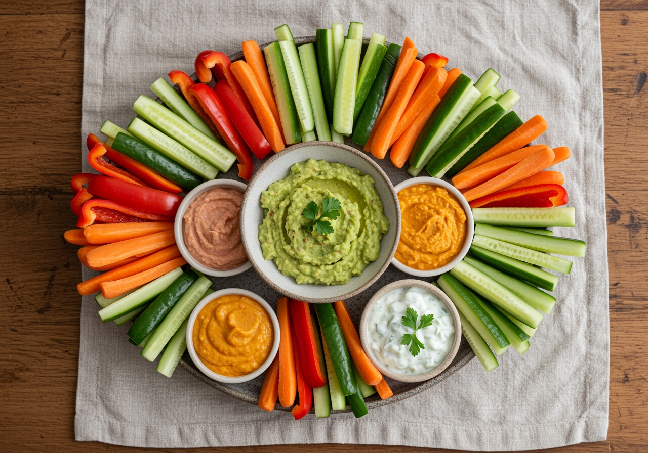 Final presentation of Supermodel Snack, showcasing an appealing arrangement of colorful veggies and dips.