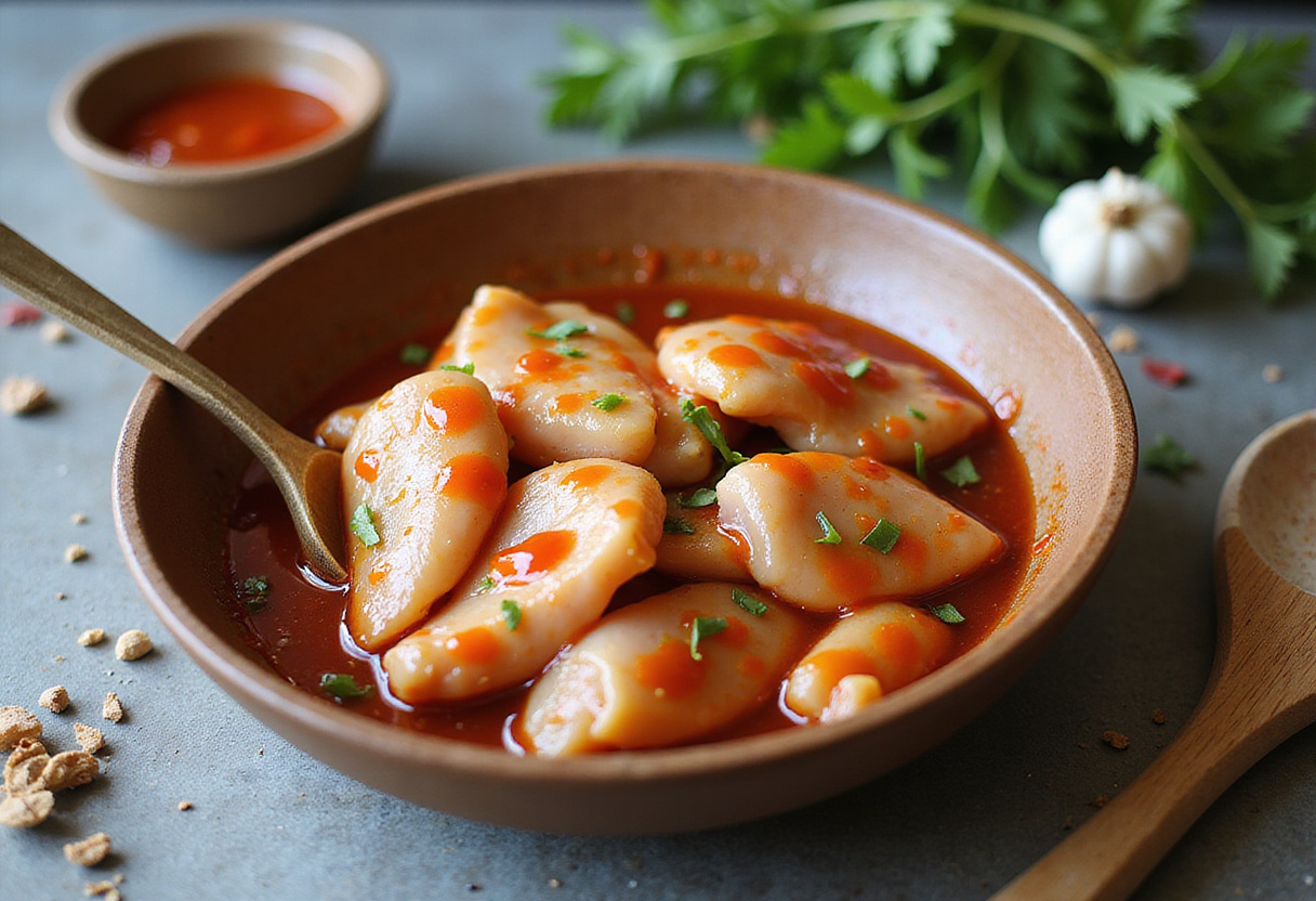 Sweet Chili Chicken marination process with chicken pieces coated in sweet chili sauce, garlic, and ginger on a wooden table.