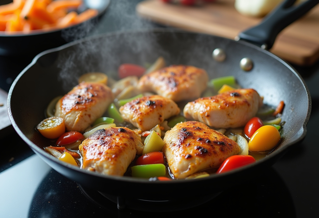 Cooking sweet chili chicken pieces in a frying pan with colorful vegetables on the stove, showcasing the sizzling action of the recipe.