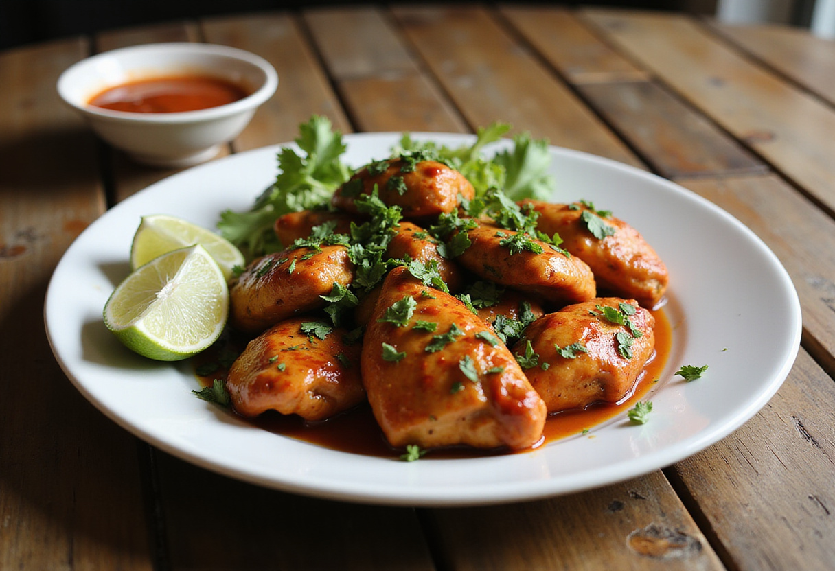 Garnishing delicious sweet chili chicken with fresh cilantro and lime, ready to be served, highlighting the vibrant colors and flavors of the dish.