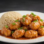 Final presentation of Sweet & Sour Chicken on a plate, showcasing a low-calorie, high-protein dish with colorful vegetables and a healthy serving of brown rice.